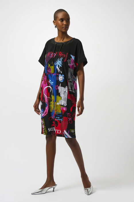 Joseph Ribkoff 253032 Black/Multi Word Print Scoop Neck Short Sleeves Straight Dress