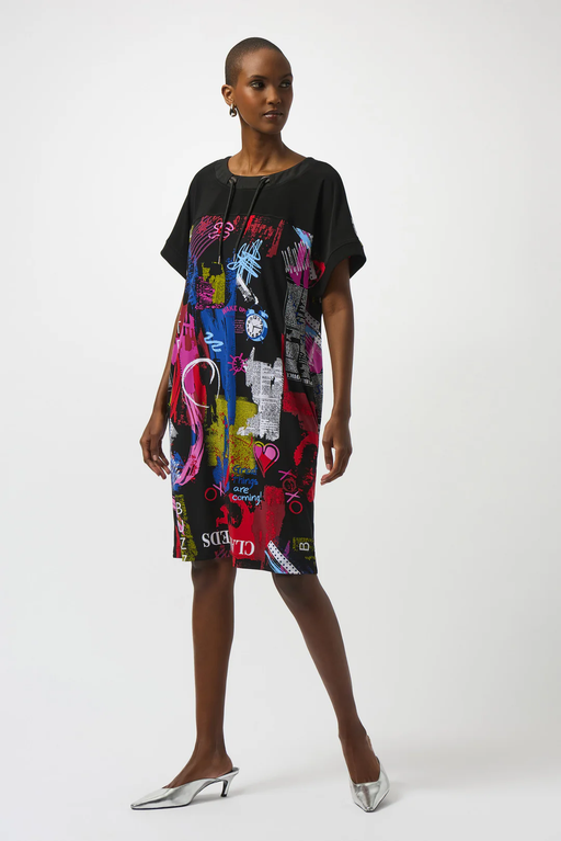 Joseph Ribkoff 253032 Black/Multi Word Print Scoop Neck Short Sleeves Straight Dress