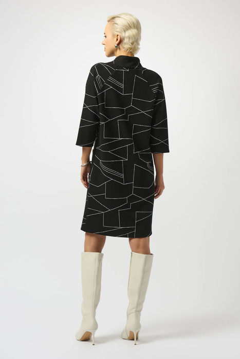 Joseph Ribkoff Black/Off-White Abstract Print 3/4 Sleeve Turtle Neck Straight Dress 253197
