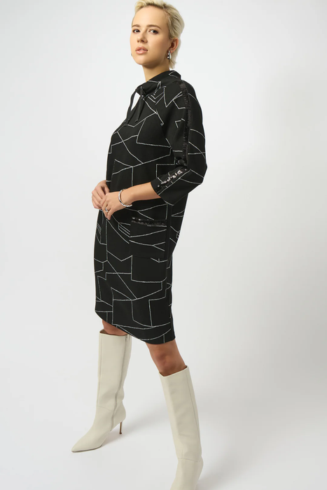 Joseph Ribkoff Black/Off-White Abstract Print 3/4 Sleeve Turtle Neck Straight Dress 253197