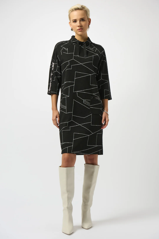 Joseph Ribkoff 253197 Black/Off-White Abstract Print 3/4 Sleeve Turtle Neck Straight Dress