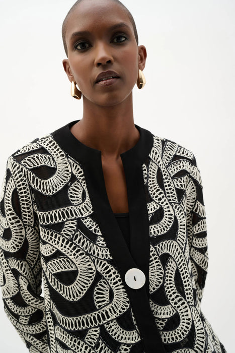 Joseph Ribkoff Black/Off-White Embroidered Mesh Swing Jacket 262207