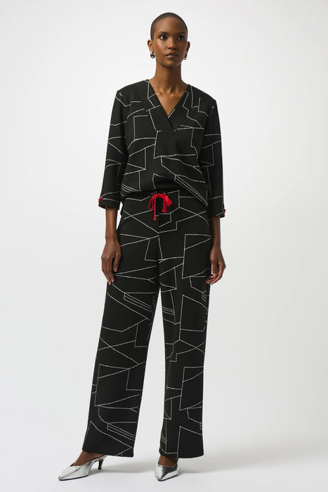 Joseph Ribkoff Black/Off-White Abstract Print V-Neck 3/4 Sleeves Top 253079