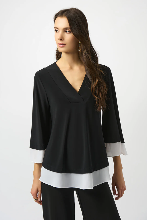 Joseph Ribkoff 253082 Black/Off White Color Block Georgette 3/4 Sleeves Top