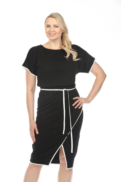 Joseph Ribkoff Black/Off-White Contrast Trim Waist Tie Front Slit Sheath Dress 241234