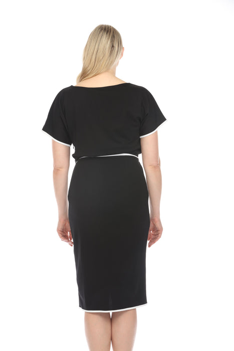 Joseph Ribkoff Black/Off-White Contrast Trim Waist Tie Front Slit Sheath Dress 241234