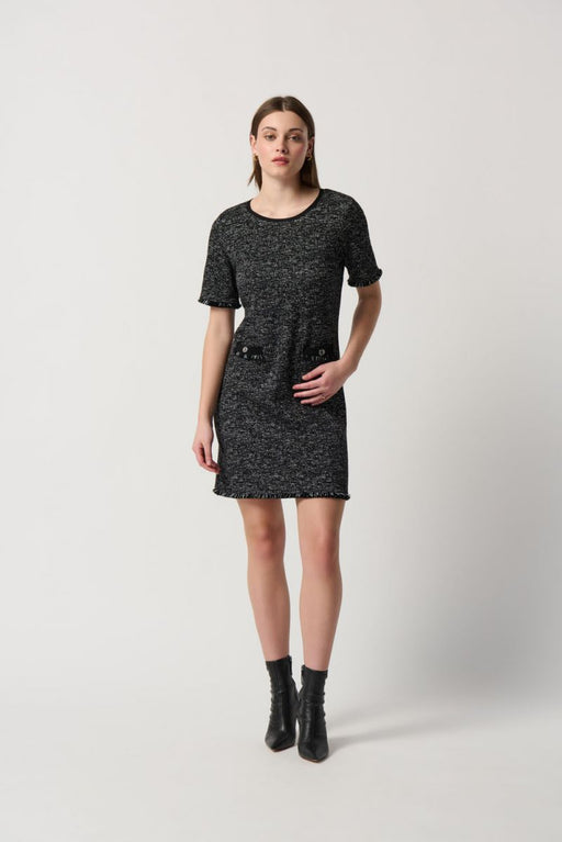 Joseph Ribkoff Style 234157 Black/Off-White Fringe Trim Tweed Mini Dress