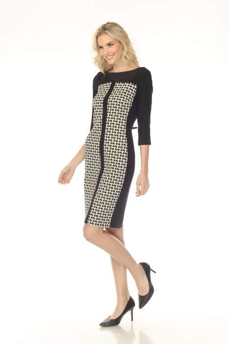 Joseph Ribkoff Black/Off-White Geometric Jacquard Sheath Dress 253284