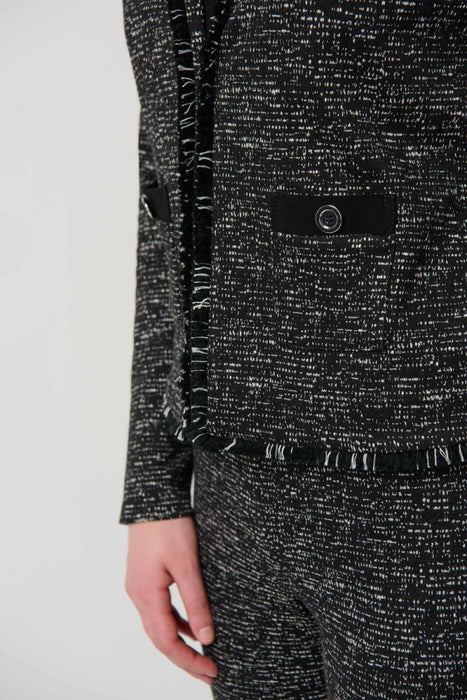Joseph Ribkoff Black/Off-White Jacquard Knit Fringe Detail Jacket 234161