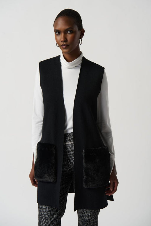 Joseph Ribkoff Style 234912 Black Open Front Faux Fur Accent Knit Vest
