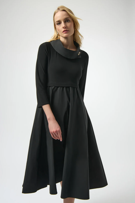 Joseph Ribkoff Black Overlap Collar 3/4 Sleeve Fit and Flare Dress 254207
