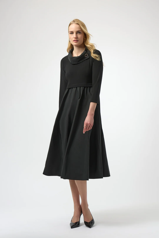 Joseph Ribkoff Black Overlap Collar 3/4 Sleeve Fit and Flare Dress 254 AfterRetail Joseph Ribkoff Black Overlap Collar 3/4 Sleeve Fit and Flare Dress 254 AfterRetail