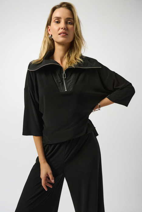 Joseph Ribkoff Black Oversized Zipped Collar 3/4 Sleeves Jumpsuit 253081
