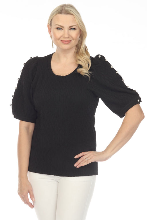 Joseph Ribkoff Style 233082 Black Pearl Accent Puff Sleeve Textured Knit Top