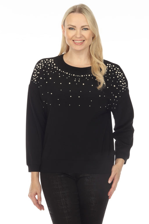 Joseph Ribkoff Style 234014 Black Pearl Accents 3/4 Sleeve Knit Sweater Top
