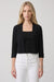 Woman wearing a black open front bolero with pearl ornament on the 3/4 sleeves from Joseph Ribkoff