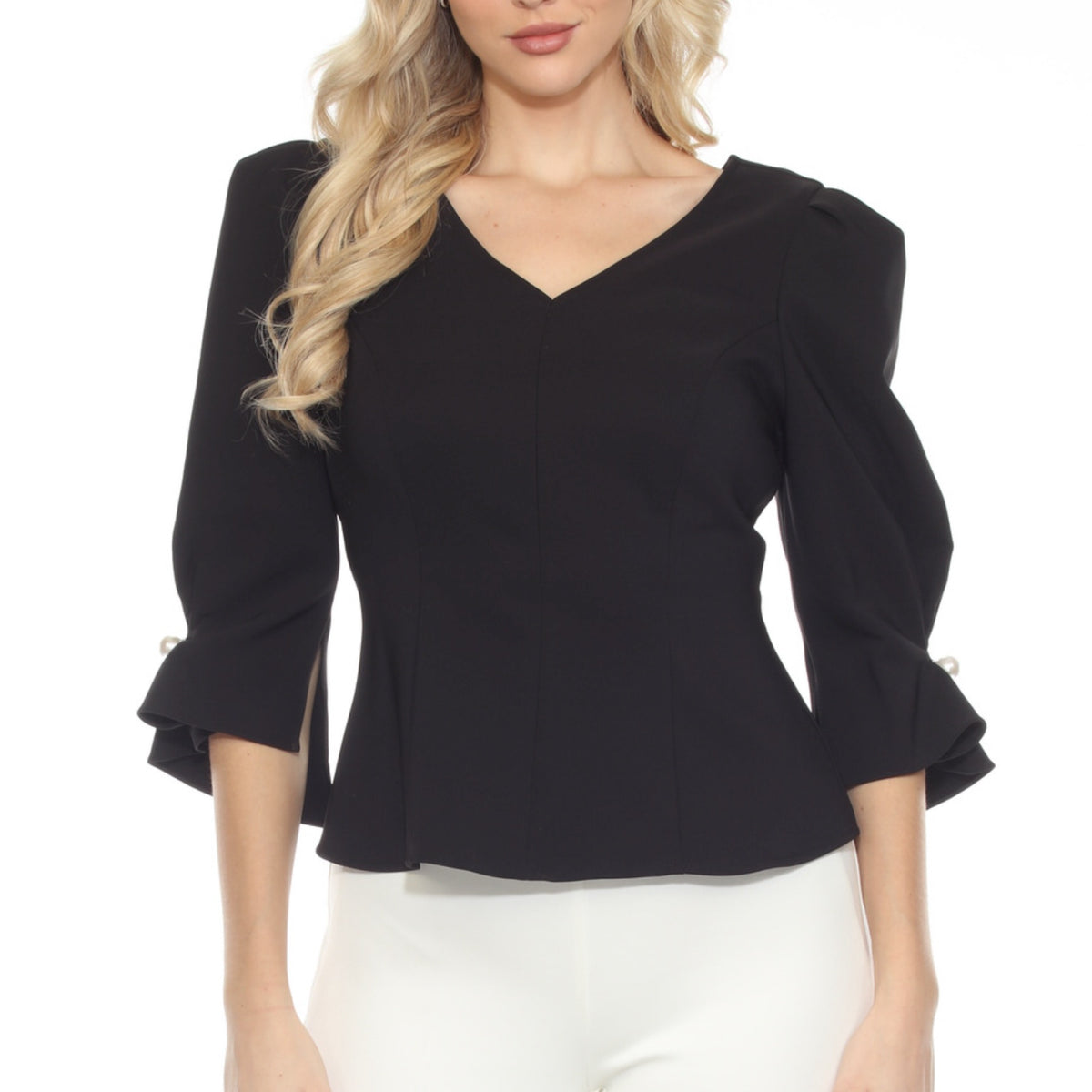 Joseph Ribkoff Black Pearl Puff Sleeve V-Neck Twill Peplum