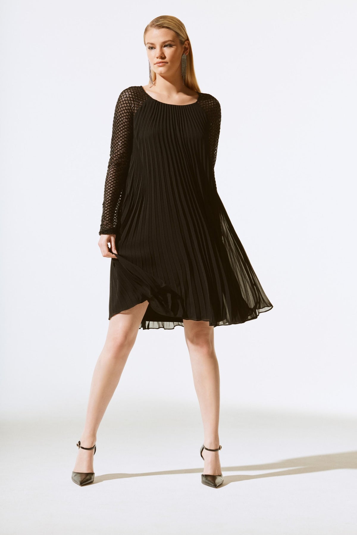 Joseph Ribkoff Black Velvet And Chiffon Dress With Cape And Rhinestone Collar Style 234706