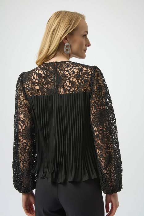 Joseph Ribkoff Black Pleated Crew Neck Long Lace Puff Sleeves Top 254900