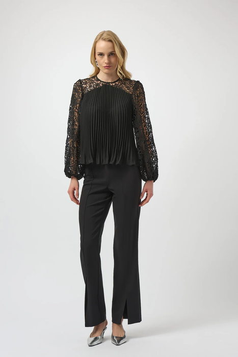 Joseph Ribkoff Black Pleated Crew Neck Long Lace Puff Sleeves Top 254900