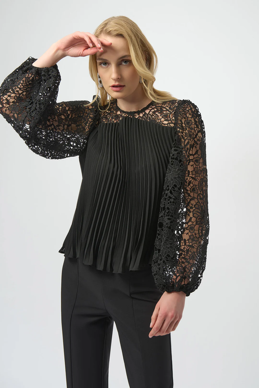 Joseph Ribkoff 254900 Black Pleated Crew Neck Long Lace Puff Sleeves Top