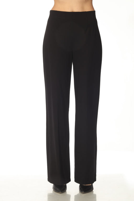 Woman wearing a black wide leg pant with elastic waistband from Joseph Ribkoff