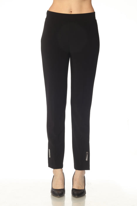 Woman wearing a black slim straight leg pants with split hem and silver accent from Joseph Ribkoff