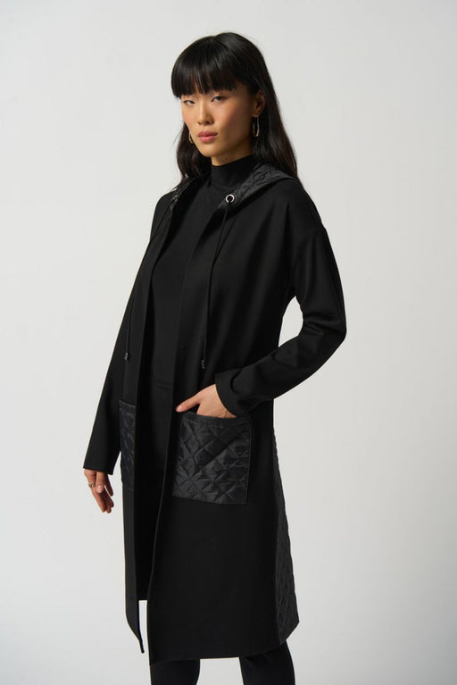 Joseph Ribkoff Style 233058 Black Quilted Hooded Open Front Longline Cover-Up Jacket