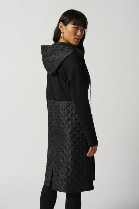 Joseph Ribkoff Black Quilted Hooded Open Front Longline Cover-Up Jacket 233058