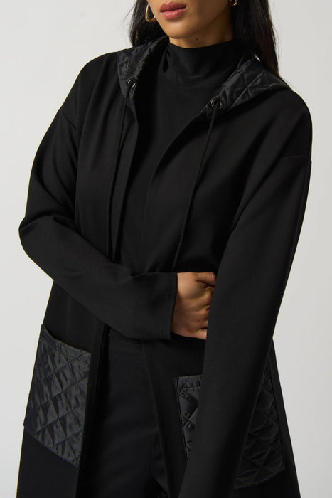 Joseph Ribkoff Black Quilted Hooded Open Front Longline Cover-Up Jacket 233058