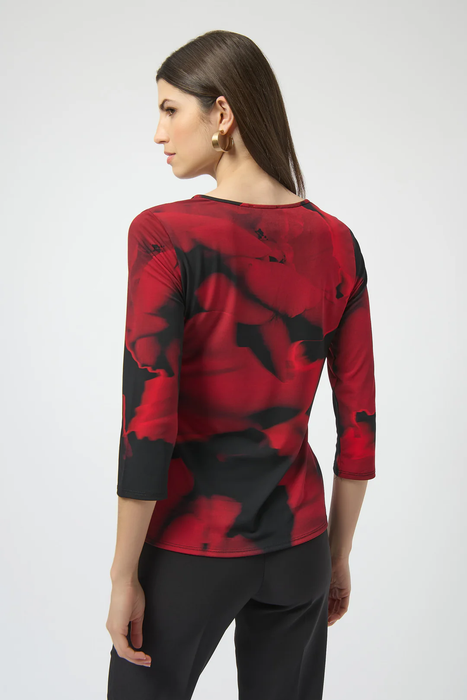 Joseph Ribkoff Black/Red Abstract Print 3/4 Sleeves Fitted Top 254095
