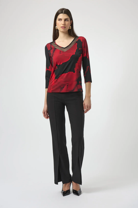 Joseph Ribkoff Black/Red Abstract Print 3/4 Sleeves Fitted Top 254095