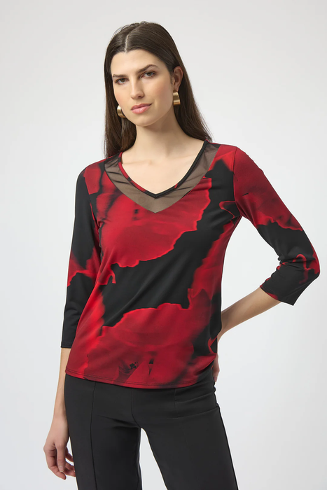 Joseph Ribkoff 254095 Black/Red Abstract Print 3/4 Sleeves Fitted Top