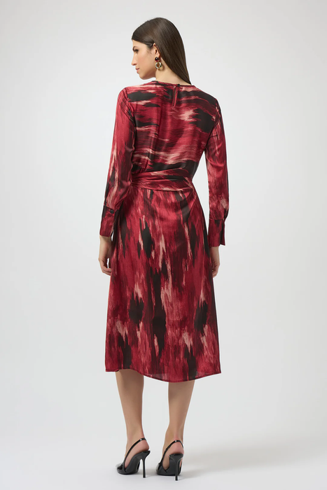 Joseph Ribkoff Black/Red Abstract Print Belted 3/4 Sleeve Fit and Flare Dress 254124