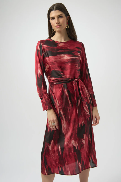 Joseph Ribkoff Black/Red Abstract Print Belted 3/4 Sleeve Fit and Flare Dress 254124