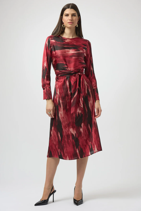 Joseph Ribkoff 254124 Black/Red Abstract Print Belted 3/4 Sleeve Fit and Flare Dress