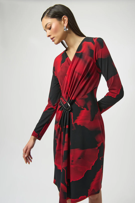 Joseph Ribkoff Black/Red Abstract Print Faux Wrap Long Sleeves Dress 254088