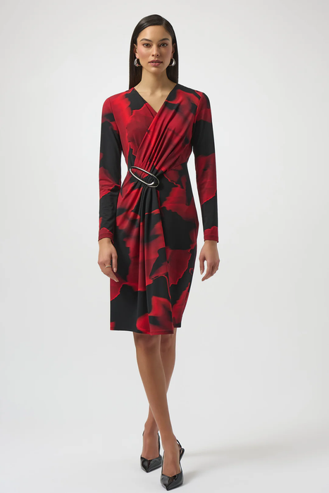 Joseph Ribkoff 254088 Black/Red Abstract Print Faux Wrap Long Sleeves Dress