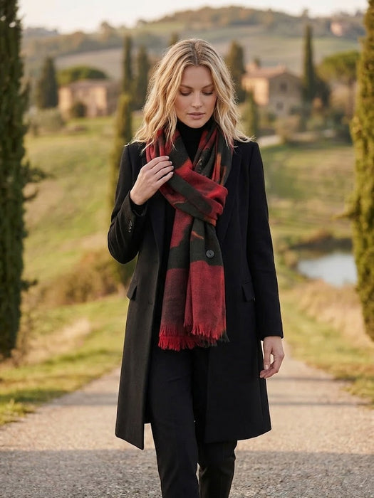 Joseph Ribkoff Black/Red Abstract Print Fringe Scarf 254974