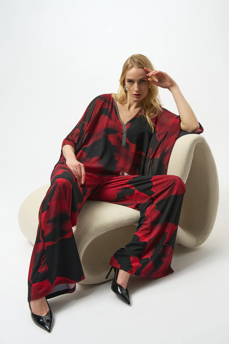 Joseph Ribkoff Black/Red Abstract Print V-Neck Poncho Top 254090