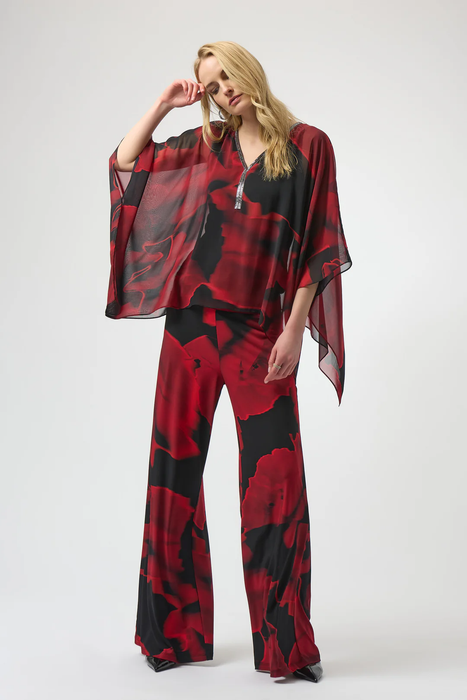 Joseph Ribkoff Black/Red Abstract Print V-Neck Poncho Top 254090
