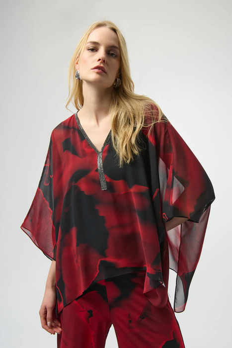 Joseph Ribkoff 254090 Black/Red Abstract Print V-Neck Poncho Top