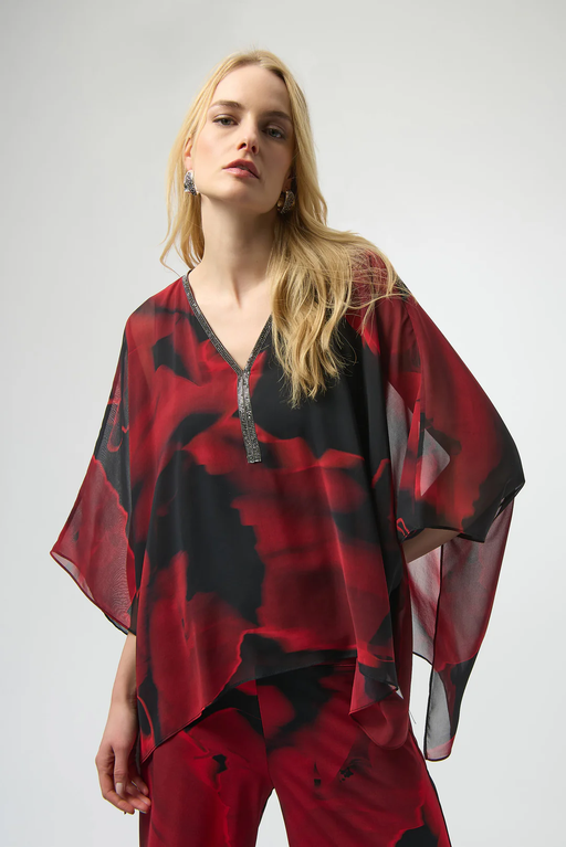 Joseph Ribkoff 254090 Black/Red Abstract Print V-Neck Poncho Top
