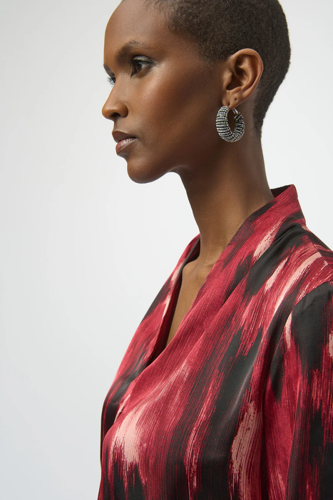 Joseph Ribkoff Black/Red Abstract V-Neck Satin Top 254161