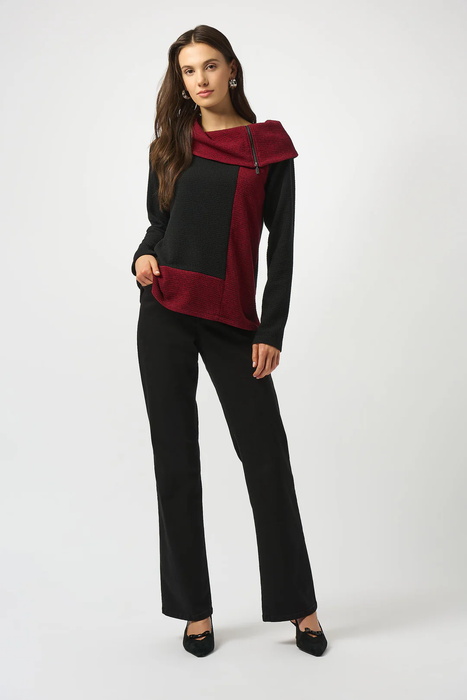Joseph Ribkoff Black/Red Cowl Neck Long Sleeves Textured Top 253168