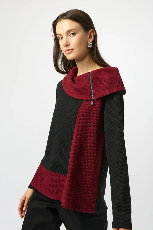 Joseph Ribkoff 253168 Black/Red Cowl Neck Long Sleeves Textured Top