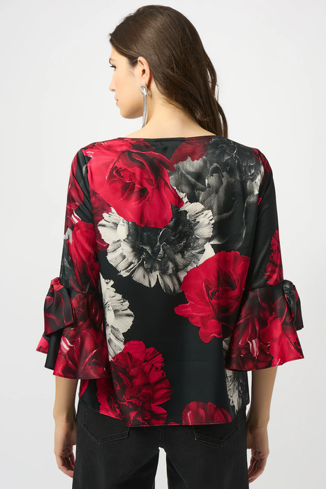 Joseph Ribkoff Black/Red Floral Print Boat Neck 3/4 Sleeves Top 253299