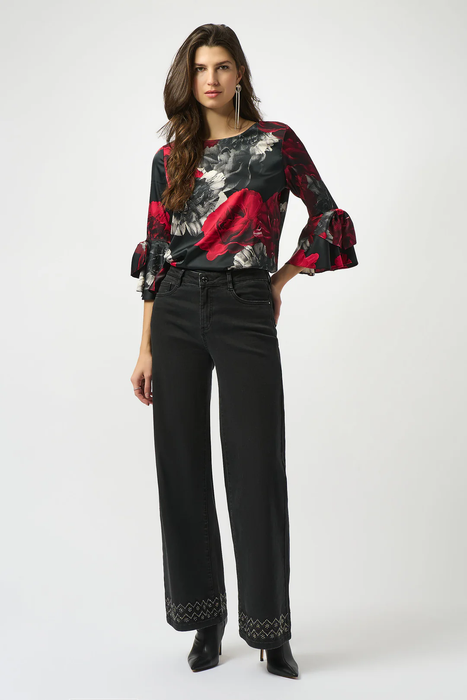 Joseph Ribkoff Black/Red Floral Print Boat Neck 3/4 Sleeves Top 253299