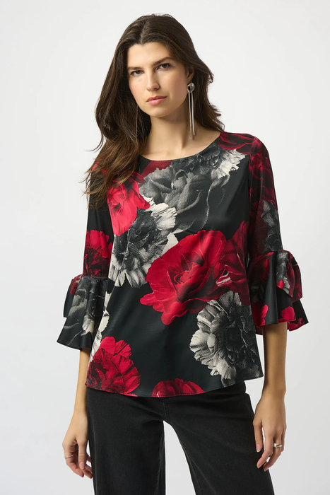 Joseph Ribkoff 253299 Black/Red Floral Print BoatNeck 3/4 Sleeves Top