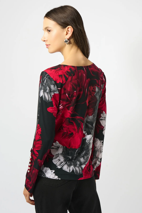 Joseph Ribkoff Black/Red Floral Print Boat Neck Long Sleeves Fitted Top 253301
